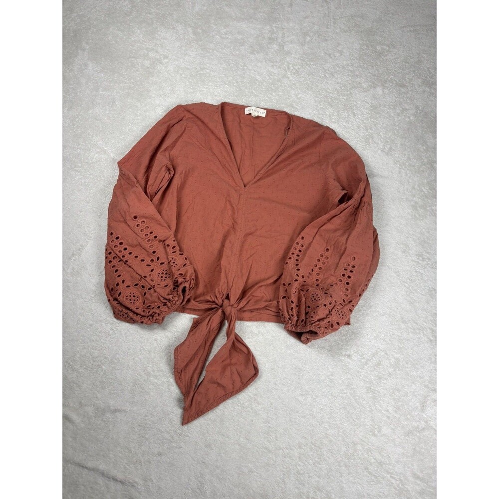 Lovestitch cotton Large Rust Eyelet Embroidered Balloon Sleeve Tie Front Blouse